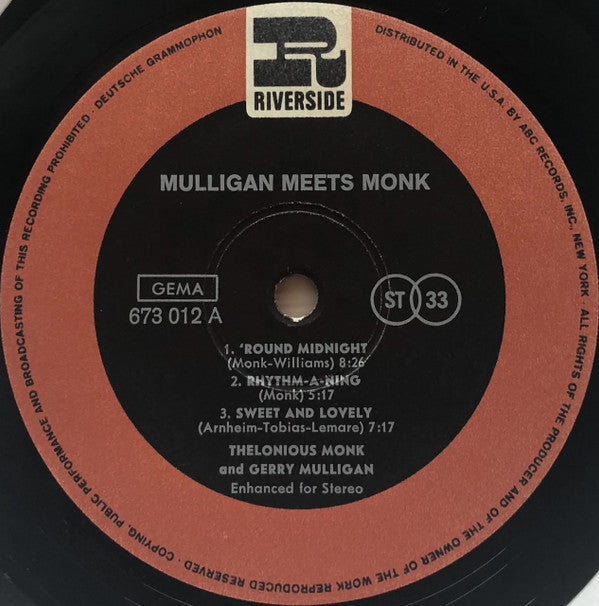 Thelonious Monk And Gerry Mulligan ~ Mulligan Meets Monk (Vinyl) - Djungel & Jazz