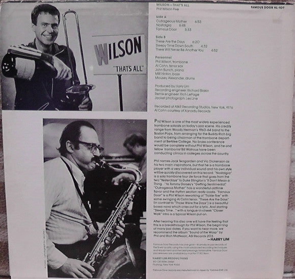 Phil Wilson Five With Al Cohn And John Bunch ~ Wilson-That's All (Vinyl) - Djungel & Jazz