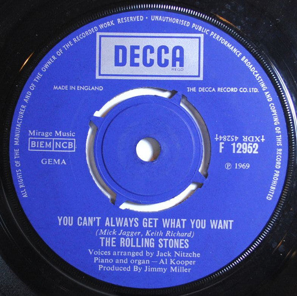 The Rolling Stones : Honky Tonk Women / You Can't Always Get What You Want (7", Single)