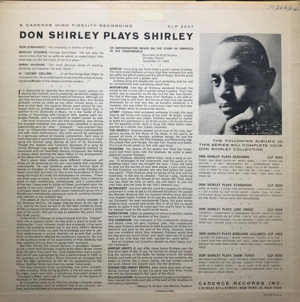 Don Shirley ~ Don Shirley Plays Shirley (Vinyl) - Djungel & Jazz