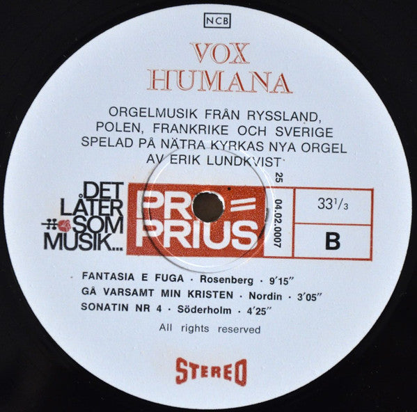 Erik Lundkvist ~ Vox Humana (Orgelmusik Från Ryssland, Polen, Frankrike Och Sverige, Spelad På Nätra Kyrkas Nya Orgel) (Vinyl) - Djungel & Jazz