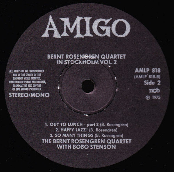 Bernt Rosengren Quartet With Bobo Stenson : In Stockholm Vol 2 (LP, Album)