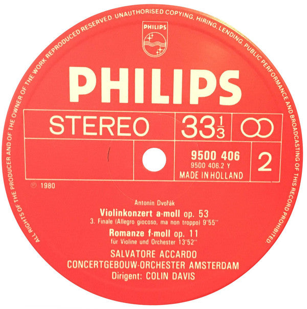 Dvořák, Salvatore Accardo, Concertgebouw Orchestra, Amsterdam, Colin Davis ~ Violin Concerto Op. 53 / Romance Op.. 11 (Vinyl) - Djungel & Jazz