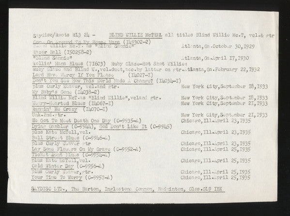 Blind Willie McTell ~ King Of The Georgia Blues Singers (1929-1935) (Vinyl) - Djungel & Jazz