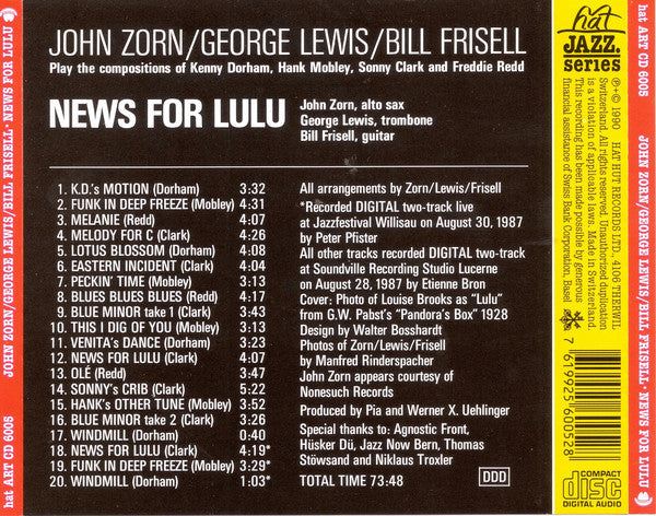 John Zorn / George Lewis / Bill Frisell ~ News For Lulu (Vinyl) - Djungel & Jazz