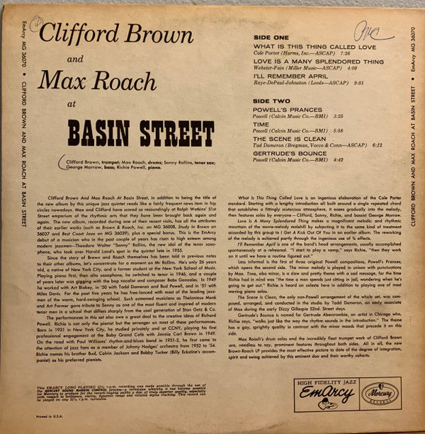 Clifford Brown And Max Roach : At Basin Street (LP, Album, Mono, Hig)