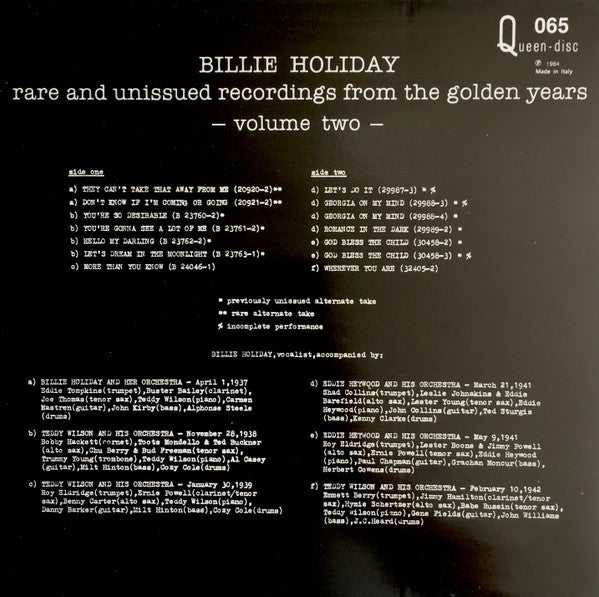 Billie Holiday ~ Rare And Unissued Recordings From The Golden Years - Volume 2 (Vinyl) - Djungel & Jazz