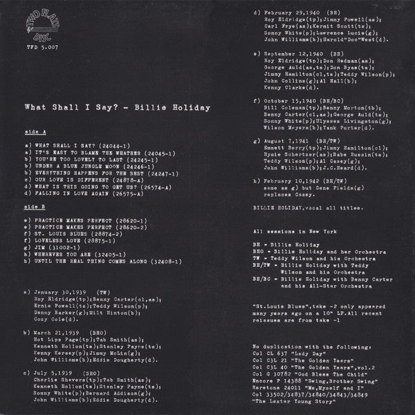 Billie Holiday : What Shall I Say? (LP, Comp)