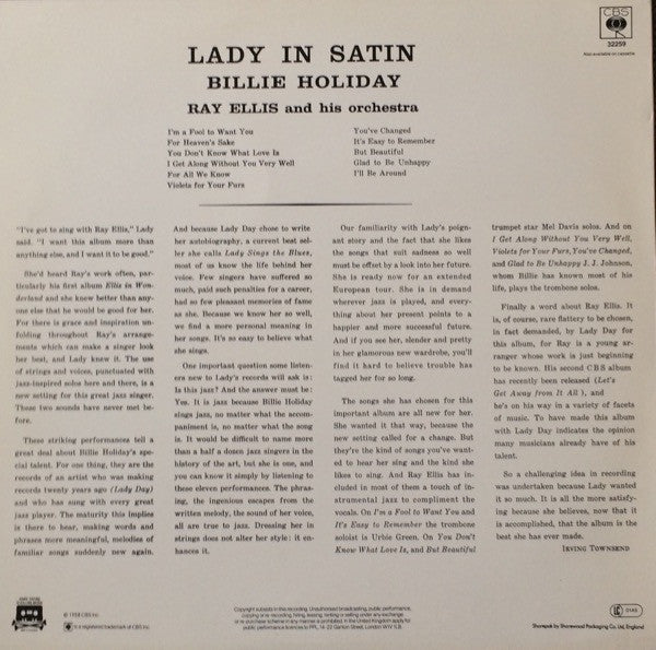 Billie Holiday With Ray Ellis And His Orchestra ~ Lady In Satin (Vinyl) - Djungel & Jazz