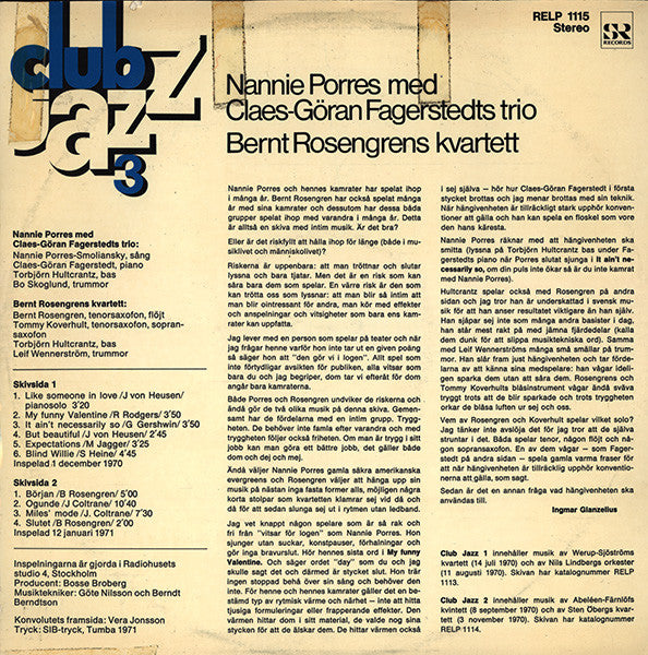 Nannie Porres Med Claes-Göran Fagerstedts Trio, Bernt Rosengren Quartet ~ Club Jazz 3 (Vinyl) - Djungel & Jazz