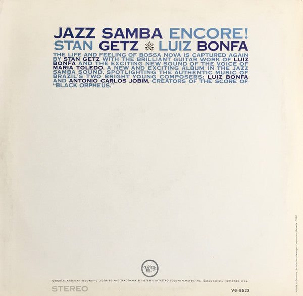 Stan Getz / Luiz Bonfá : Jazz Samba Encore! (LP, Album, Gat)