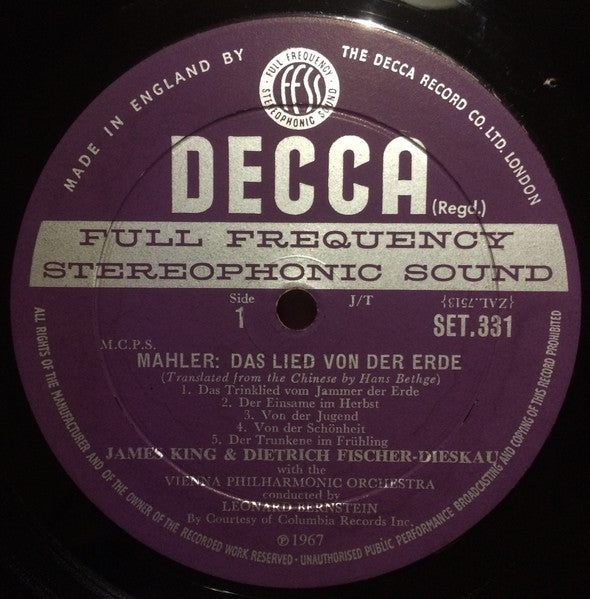 Gustav Mahler - James King , Dietrich Fischer-Dieskau, Wiener Philharmoniker, Leonard Bernstein ~ Das Lied Von Der Erde (Vinyl) - Djungel & Jazz