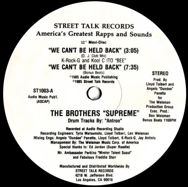 The Brothers Supreme : We Can't Be Held Back (12")