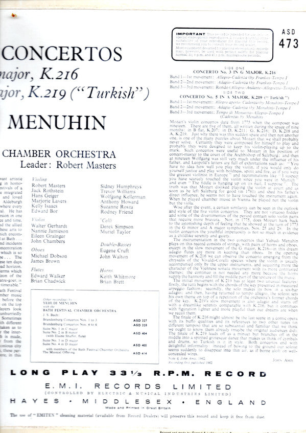 Wolfgang Amadeus Mozart, Yehudi Menuhin, Bath Festival Chamber Orchestra ~ Violin Concertos No 3 In G Major, No 5 In A Major (Vinyl) - Djungel & Jazz