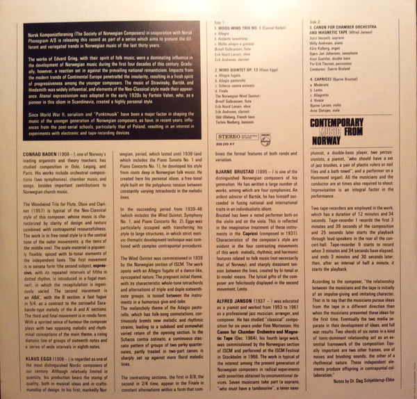 Conrad Baden / Klaus Egge / Alfred Janson / Bjarne Brustad ~ Contemporary Music From Norway (Vinyl) - Djungel & Jazz