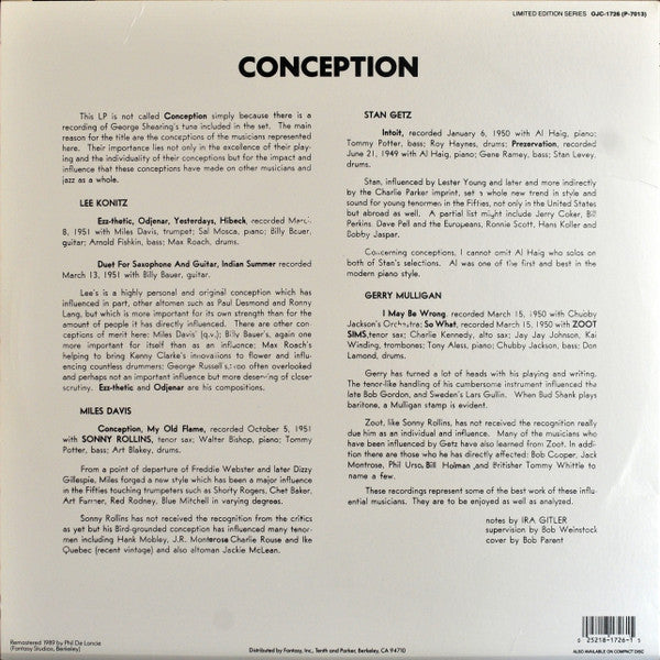 Miles Davis, Stan Getz, Lee Konitz ~ Conception (Vinyl) - Djungel & Jazz