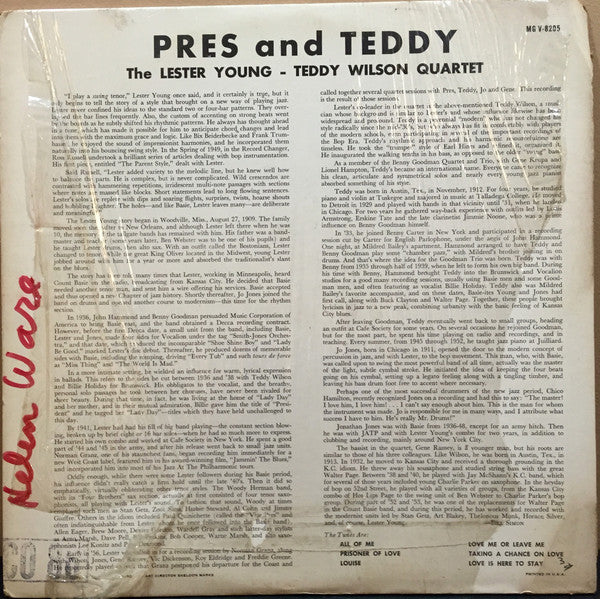 The Lester Young-Teddy Wilson Quartet : Pres And Teddy (LP, Album, Mono, RE)