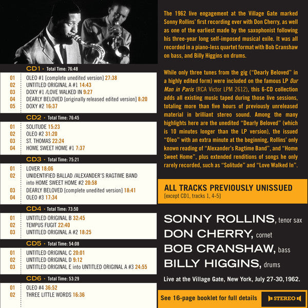 Sonny Rollins Quartet With Don Cherry ~ Complete Live At The Village Gate 1962 (Vinyl) - Djungel & Jazz