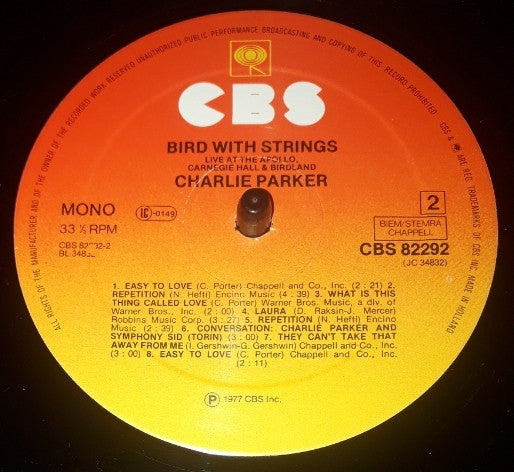Charlie Parker : Bird With Strings (Live At The Apollo, Carnegie Hall & Birdland) (LP, Album, Mono)