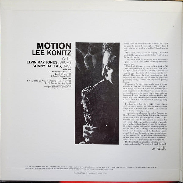 Lee Konitz : Motion (LP, Album, RE)