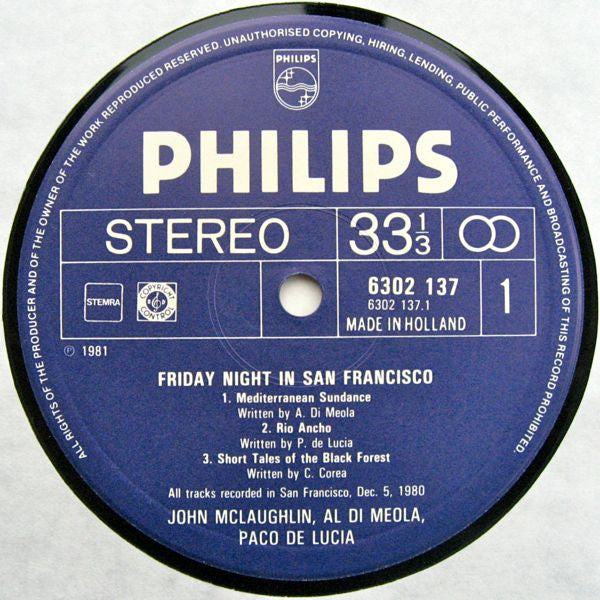 Al Di Meola, John McLaughlin, Paco De Lucía : Friday Night In San Francisco (LP, Album)