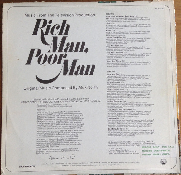 Alex North : Rich Man, Poor Man (Music From The Television Production) (LP, Album)