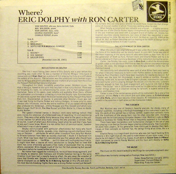 Eric Dolphy With Ron Carter ~ Where? (Vinyl) - Djungel & Jazz