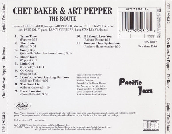 Chet Baker & Art Pepper : The Route (CD, Comp, Mono, RE)