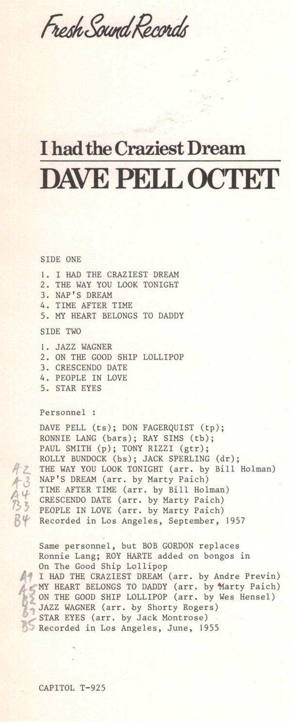Dave Pell Octet : I Had The Craziest Dream (LP, Album, RE)