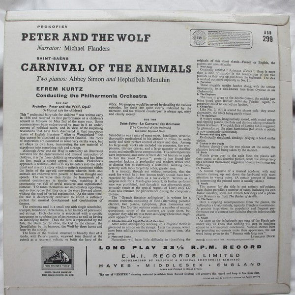 Sergei Prokofiev, Camille Saint-Saëns - Efrem Kurtz Conducting The Philharmonia Orchestra : Peter And The Wolf / Carnival Of The Animals (LP, RP)