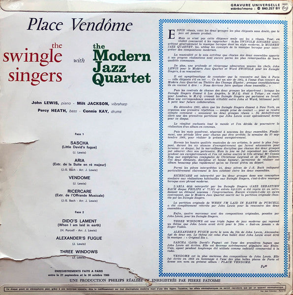 Les Swingle Singers With The Modern Jazz Quartet ~ Place Vendôme (Vinyl) - Djungel & Jazz