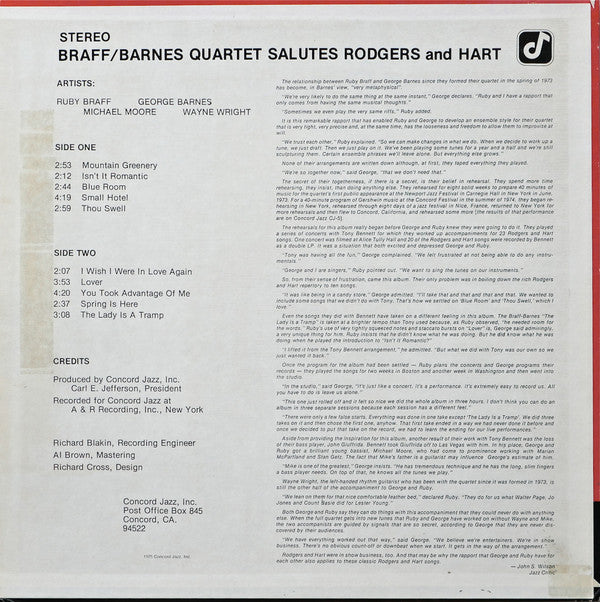 Ruby Braff / George Barnes Quartet ~ Braff/Barnes Quartet Salutes Rodgers And Hart (Vinyl) - Djungel & Jazz