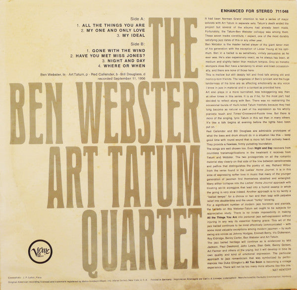 The Ben Webster · Art Tatum Quartet* : The Ben Webster · Art Tatum Quartet (LP, Album, RE)