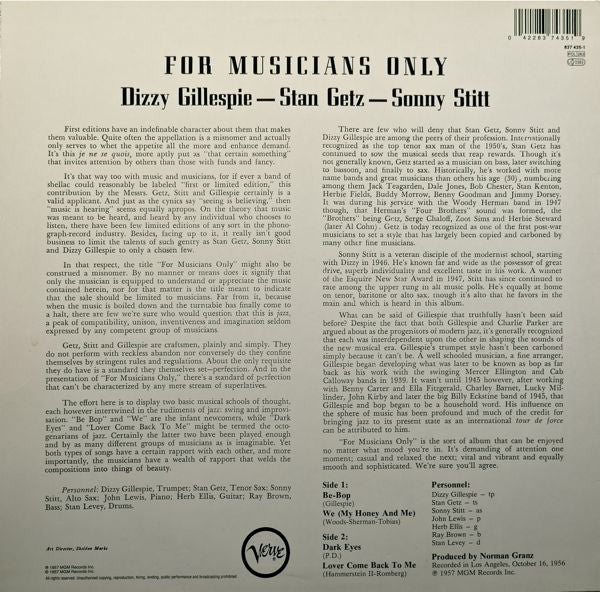 Stan Getz / Dizzy Gillespie / Sonny Stitt : For Musicians Only (LP, Album, Mono, RE)
