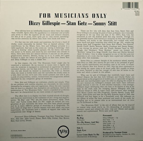 Stan Getz / Dizzy Gillespie / Sonny Stitt ~ For Musicians Only (Vinyl) - Djungel & Jazz