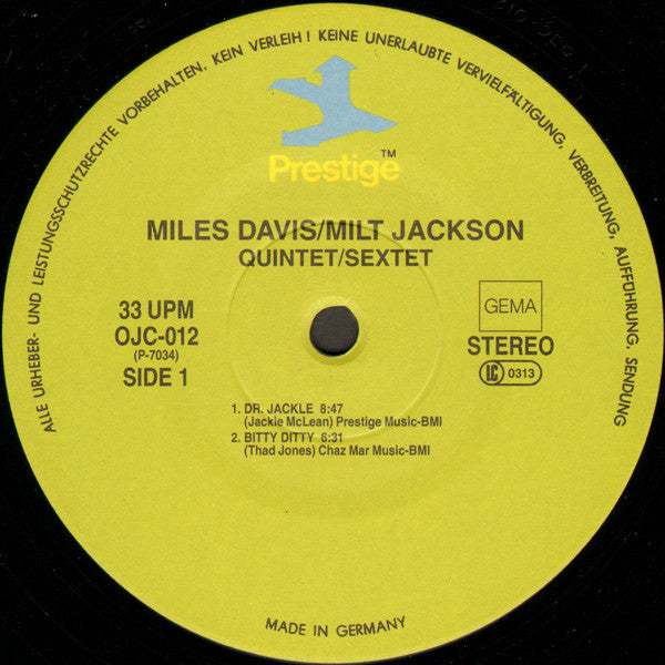 Miles Davis And Milt Jackson ~ Quintet / Sextet (Vinyl) - Djungel & Jazz