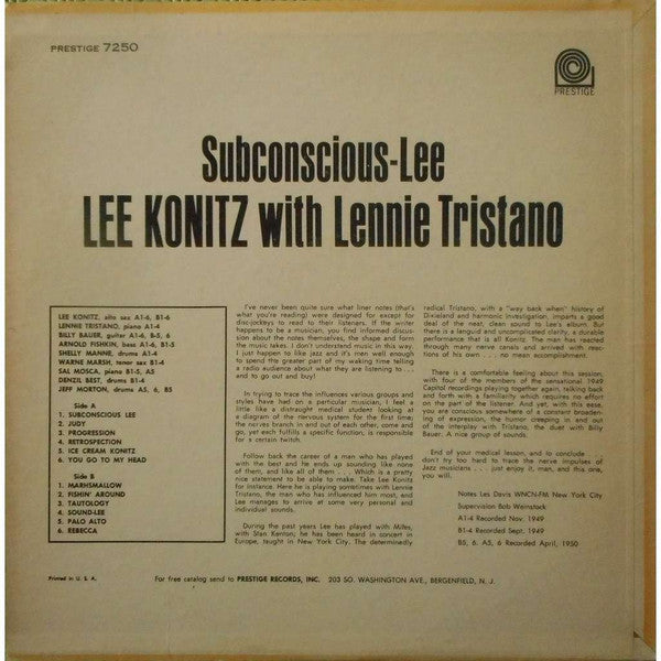 Lee Konitz With Lennie Tristano ~ Subconscious-Lee (Vinyl) - Djungel & Jazz