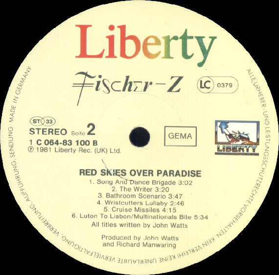 Fischer-Z ~ Red Skies Over Paradise (Vinyl) - Djungel & Jazz