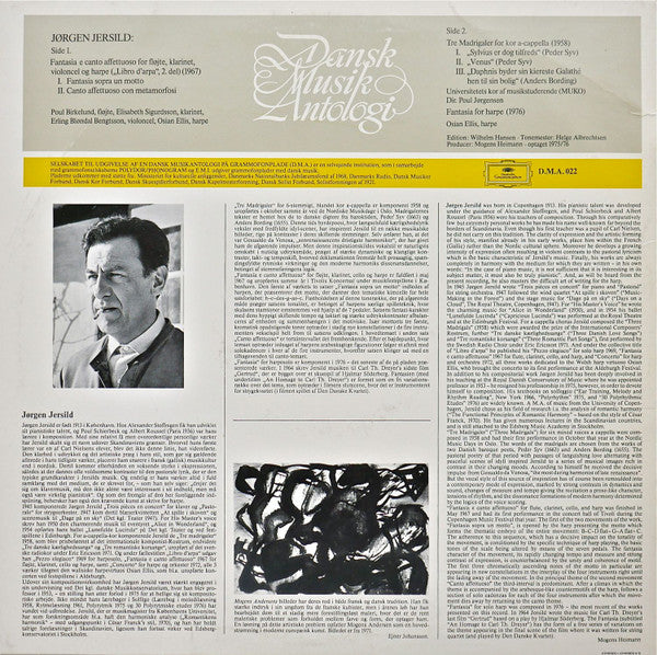 Jørgen Jersild ~ Fantasia E Canto Affettuoso For Fløjte, Klarinet, Violoncel Og Harpe / Tre Madrigaler For Blandet Kor A Capella / Fantasia For Harpe (Vinyl) - Djungel & Jazz