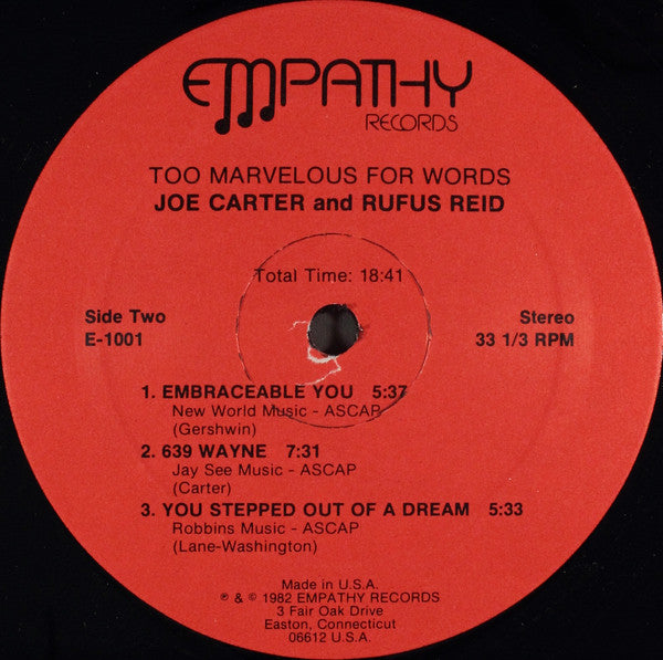 Joe Carter (6) & Rufus Reid : Too Marvelous For Words (LP)