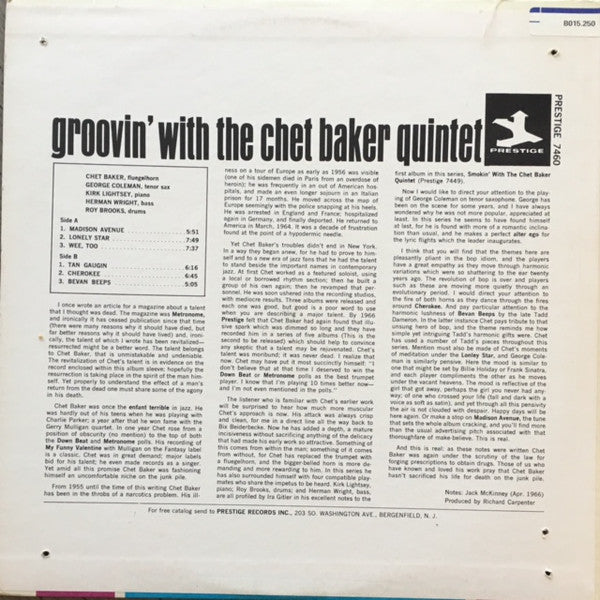 The Chet Baker Quintet ~ Groovin' With The Chet Baker Quintet (Vinyl) - Djungel & Jazz