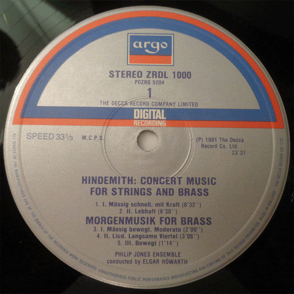 Hindemith - Philip Jones Ensemble, Elgar Howarth, Paul Crossley  ~ Concert Music / Musique De Concert / Konzertmusik (Vinyl) - Djungel & Jazz