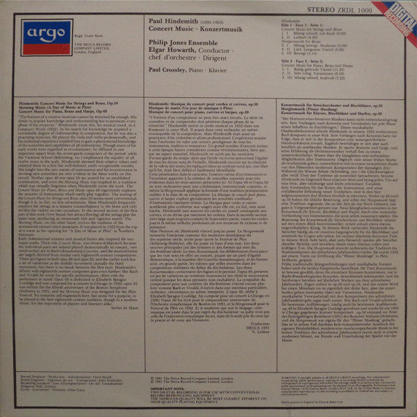 Hindemith - Philip Jones Ensemble, Elgar Howarth, Paul Crossley  ~ Concert Music / Musique De Concert / Konzertmusik (Vinyl) - Djungel & Jazz