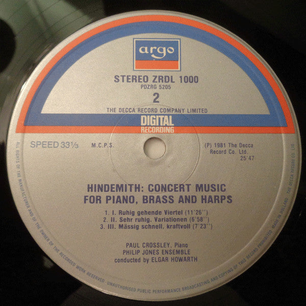 Hindemith - Philip Jones Ensemble, Elgar Howarth, Paul Crossley  ~ Concert Music / Musique De Concert / Konzertmusik (Vinyl) - Djungel & Jazz