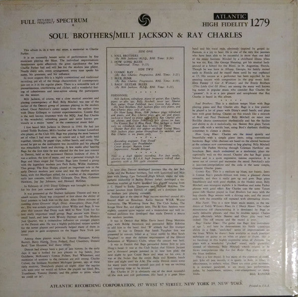 Milt Jackson & Ray Charles : Soul Brothers (LP, Album, Mono)