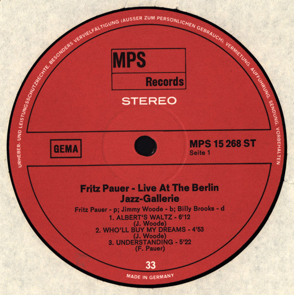 Fritz Pauer ~ Live At The Berlin "Jazz Galerie" (Vinyl) - Djungel & Jazz