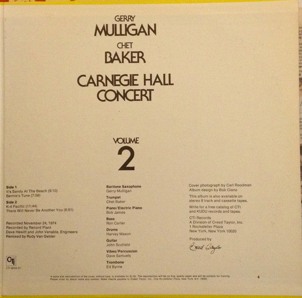 Gerry Mulligan / Chet Baker ~ Carnegie Hall Concert Volume 2 (Vinyl) - Djungel & Jazz