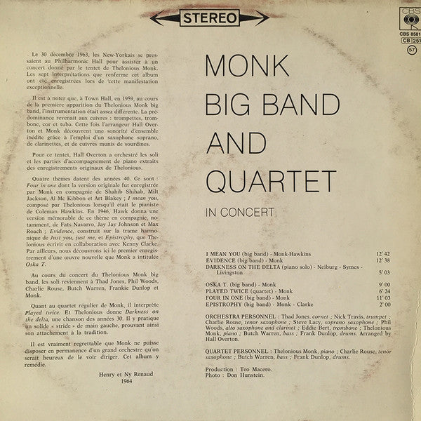Monk ~ Big Band And Quartet In Concert (Vinyl) - Djungel & Jazz