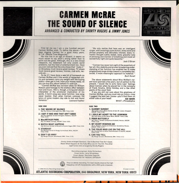 Carmen McRae ~ The Sound Of Silence (Vinyl) - Djungel & Jazz