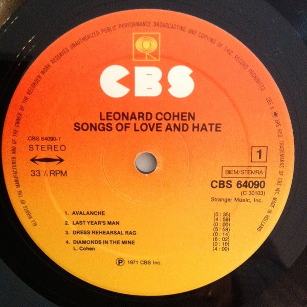 Leonard Cohen : Songs Of Love And Hate (LP, Album, RE)